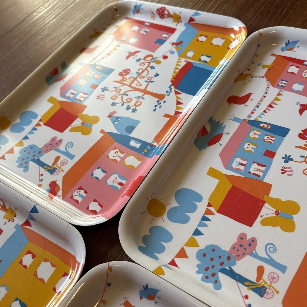 IKEA Set of 4 Colorful Melamine Serving Trays Birds Houses Scandinavian Design